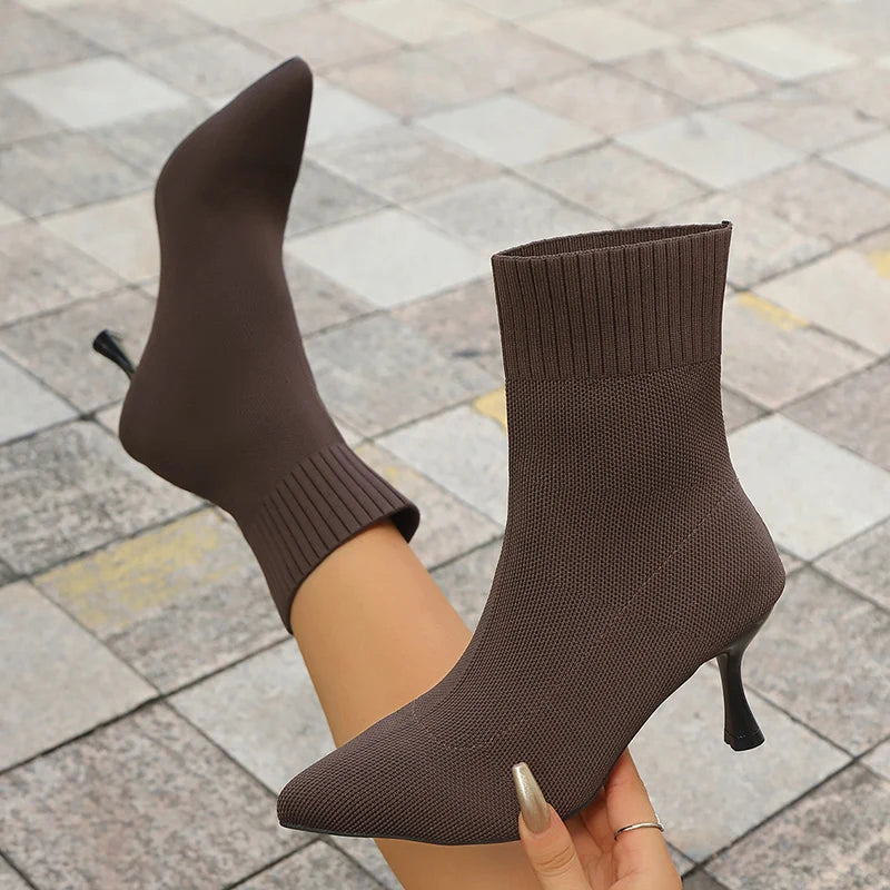 Fashion Slip On Slim Knitted Ankle Boots Women Plus Size Stretch High Heel Boots Woman Autumn Winter Thin Heeled Sock Booties