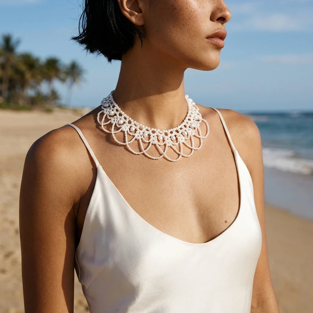 Elegant Faux Pearl Beaded Bib Necklace Boho Statement Choker Fake Collar for Women Summer Beach Bridal Dress Accessories