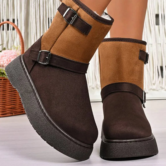 Vintage Buckle Detor Snow Boots Women Winter Mix Color Faux Suede Snow Boots Woman Short Plush Platform Warm Booties Female