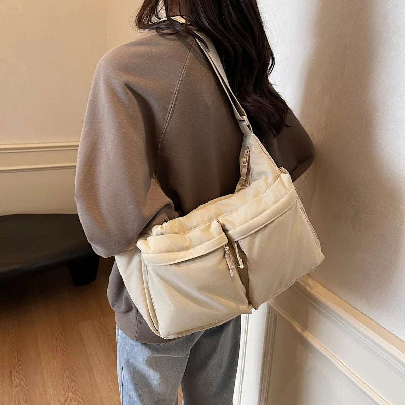 White Casual Work Style Waterproof Nylon Crossbody Shoulder Bag W/Large Capacity