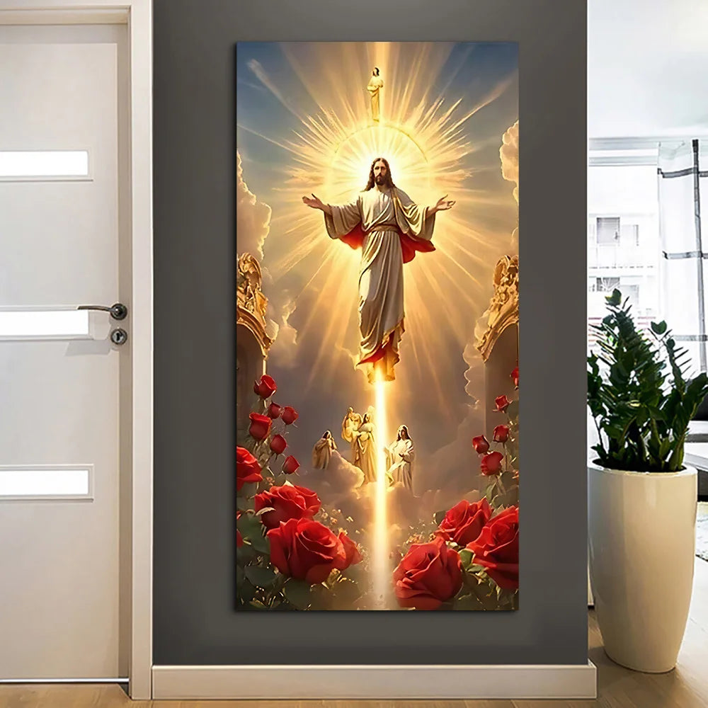Classic Vintage Wall Art Jesus Light Ascension with Rose Scene, HD Canvas Print