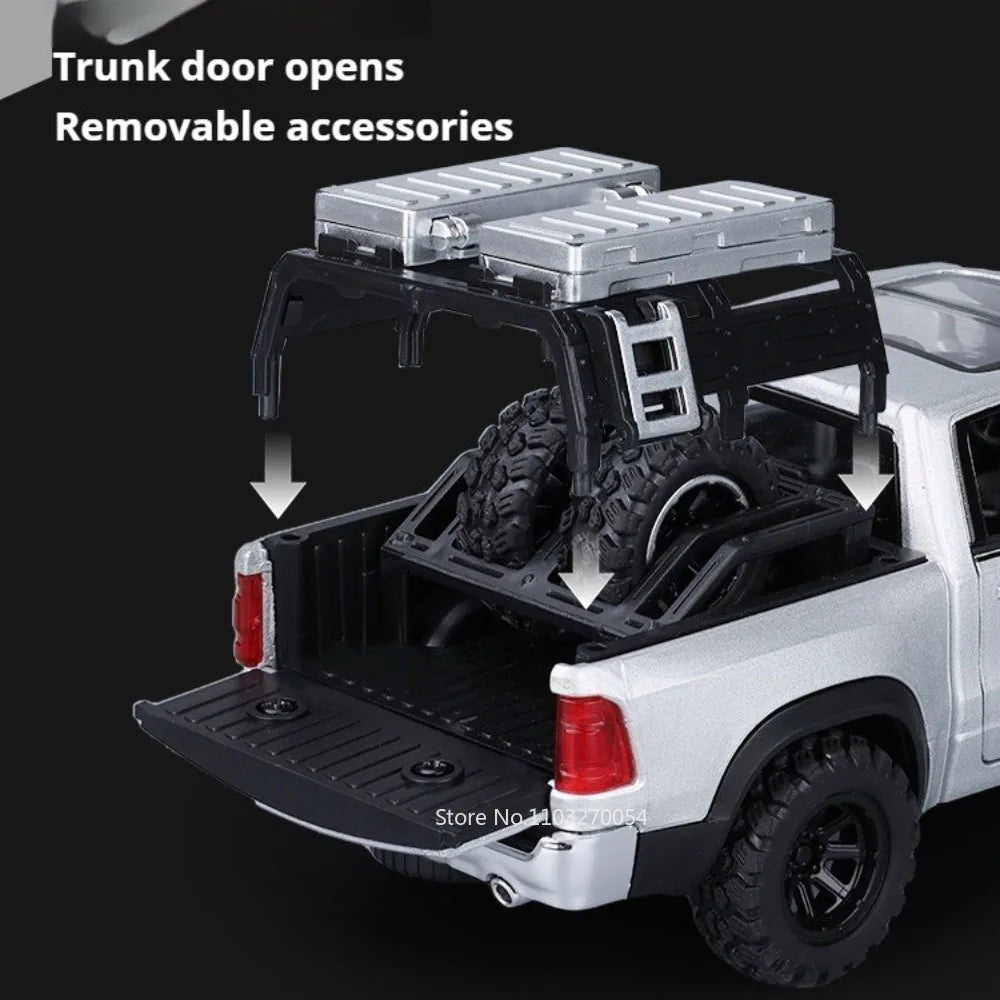 1:32 RAM Pickup Mammoth Off Road Vehicle Diecast Model Toy Alloy Car Sound Light Pull Back Doors Opened Models for Children Gift