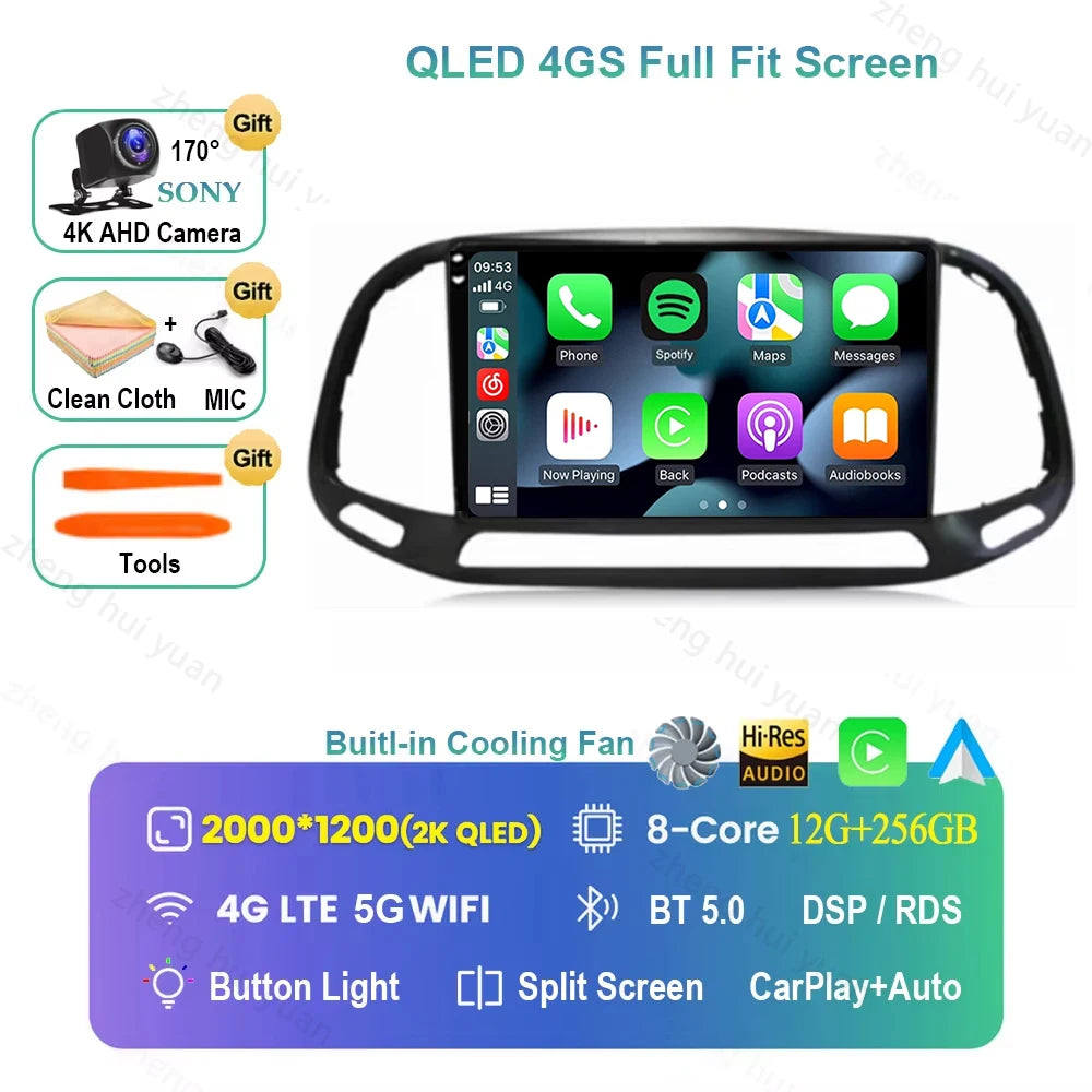 For Fiat Doblo 2015 - 2018 2019 2020 Android 16 GPS WIFI 4G Carplay&Auto Car Radio Navigation QLED Multimedia Stereo Player BT
