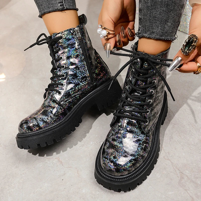 Bright Sequin Platform Ankle Boots Women Autumn Winter Waterproof Short Booties Mujer Fashion Lace Up Thick Sole Boots Plus Size