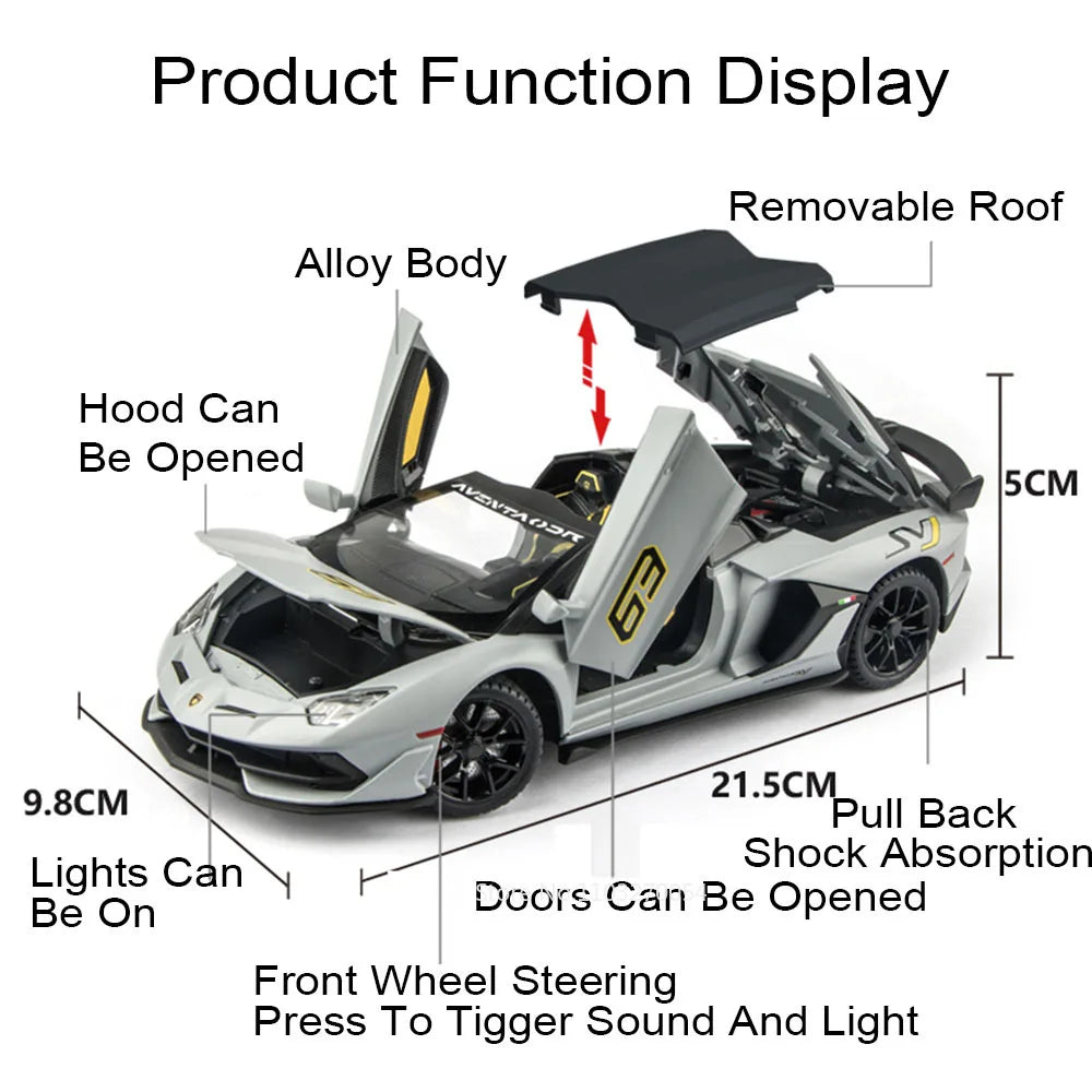 1:24 Lambor V12 SVJ63 Miniature Model Toys Diecast Alloy Car Sound Light Pull Back Doors Opened Sportscar Christmas Gift for Kid