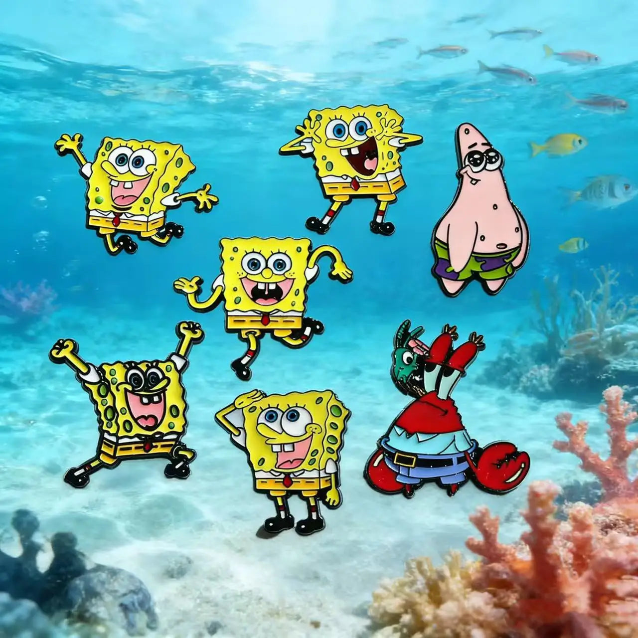 7 PCS SquarePants & Friends Enamel Pin Set – Cartoon Lapel Pins for Backpacks, Jackets, Bags – Cute Collectible Badges for Kids