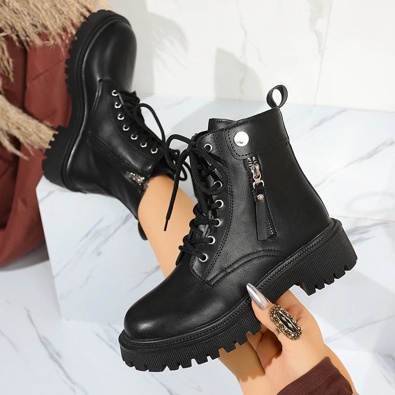 Punk Zipper Decor Platform Ankle Boots for Women Autumn Winter Black Thick Sole Short Booties Mujer Lace Up Pu Leather Boots