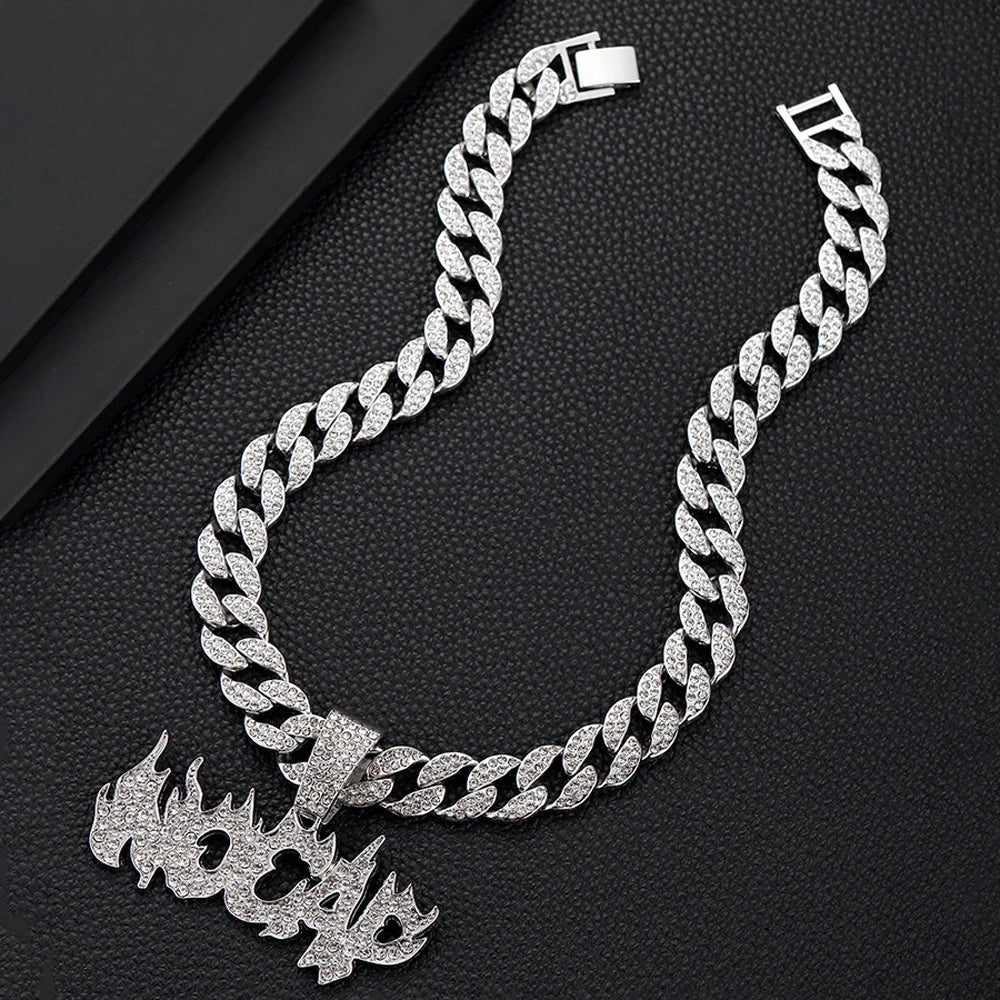 Trendy Hip Hop Iced Out Bling Flame ‘No Cap’ Letters Pendants Necklace With 15mm Cuban Chain Necklaces For Men Charm Jewelry