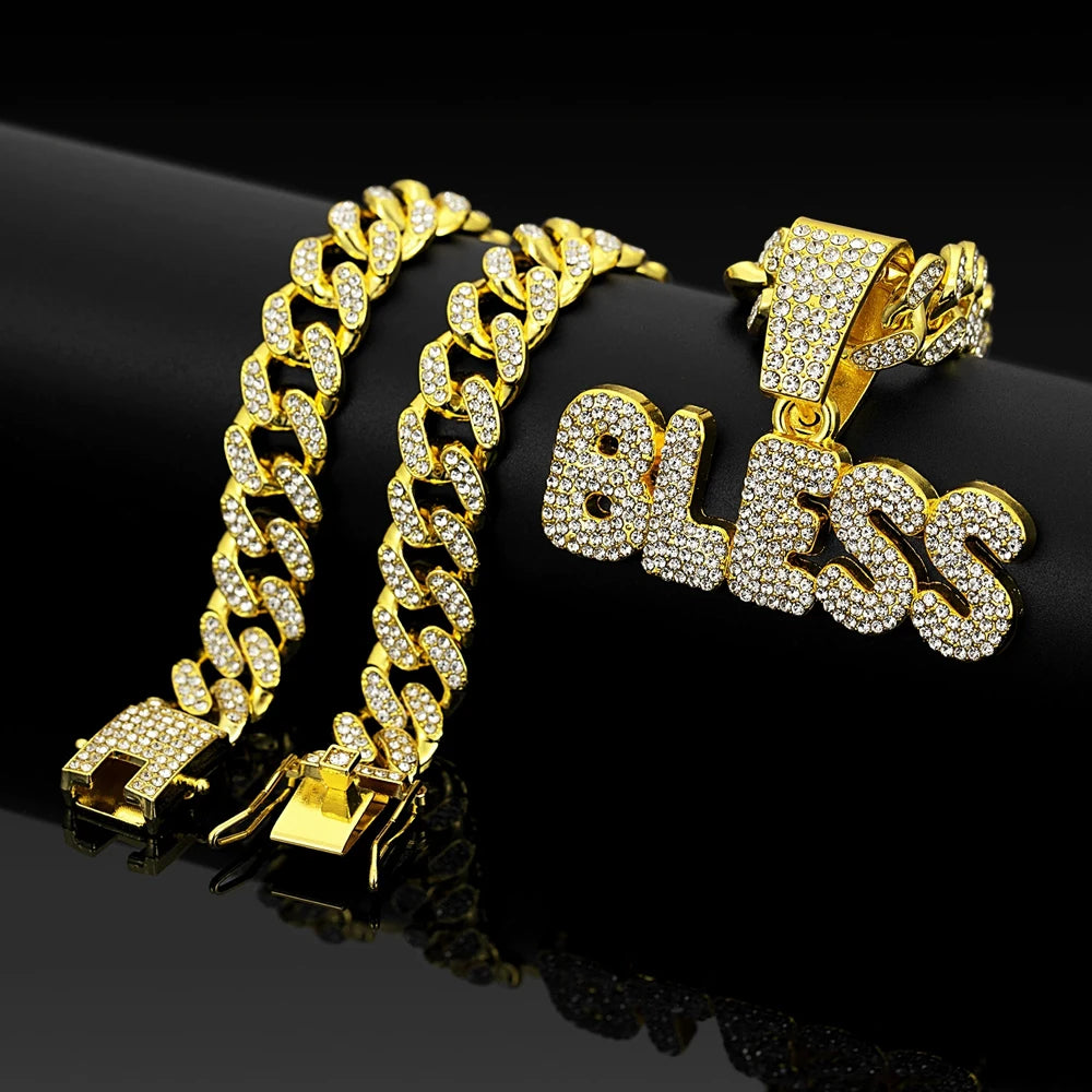 Hip Hop Letter BLESS Pendant Necklace for Women Men Shiny Rhinestones 13MM Cuban Chain Crystal Necklaces Fashion Jewelry Gifts