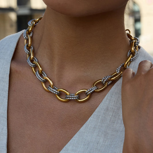 Uworld Minimalism 18K Gold Color Plated Stainless Steel Double Color Oval Smooth Fried Dough Twists Necklace Stackable Chain Nec