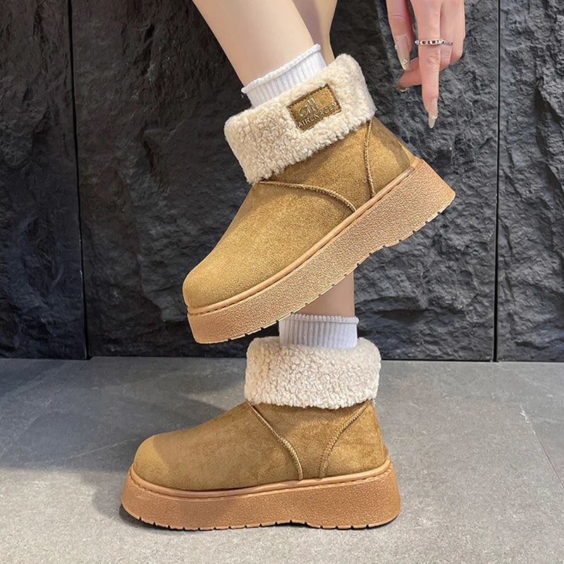 Patchwork Lambswool Platform Snow Boots Women Slip On Thicken Plush Warm Ankle Boots Woman Non Slip Thick Sole Winter Boots 41