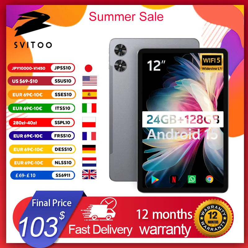 SVITOO Android Tablet 12 inch Large Screen Tablet 24GB+128GB 2K Display 18W Fast Charge 5MP+13MP Camera 8000mAh Battery Tablets