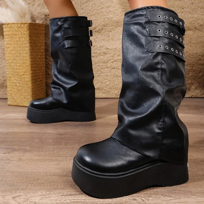 Punk Style Chunk Heel Boots for Women 2025 Fashion Black Rivet Detor Mid Calf Boots Woman Pu Leather Platform Botas Mujer