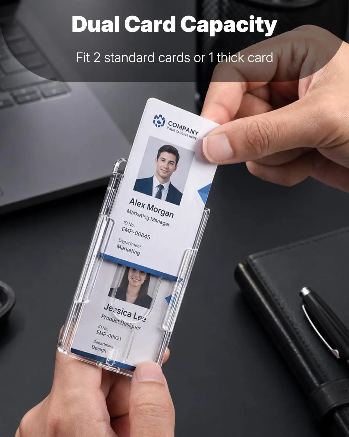 2 Pack Vertical 2-Card Rigid PC Badge Holders, Transparent ID Card Case with Thumb Slot, Easy Remove for Office School Access ID