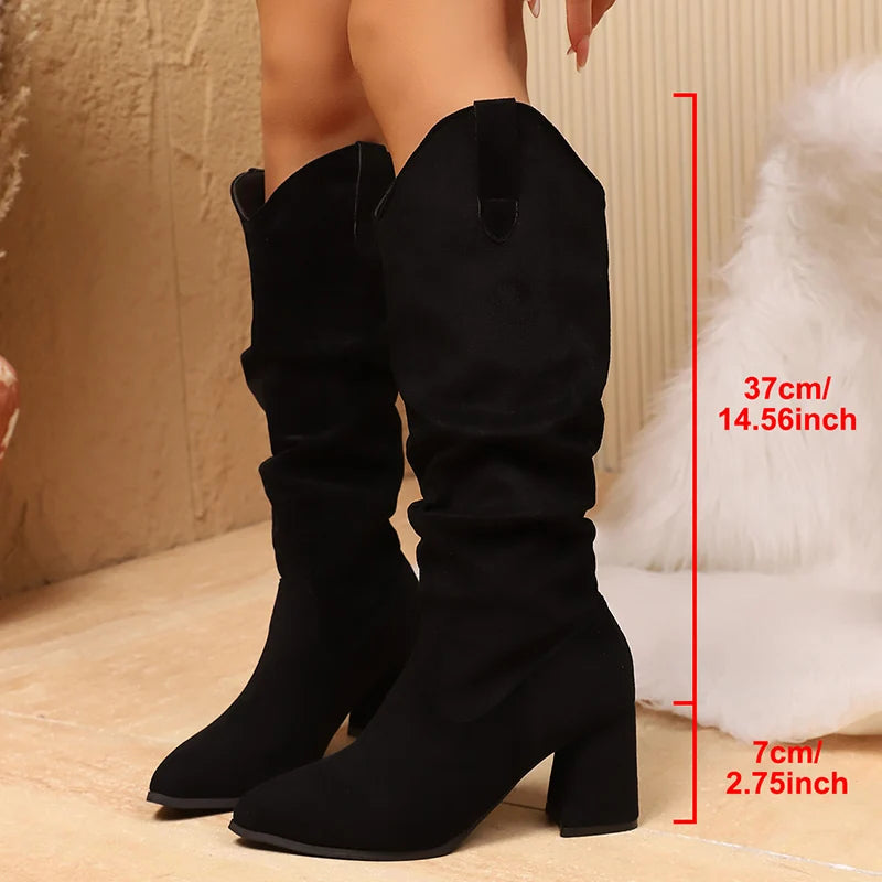Flock Chunky Heel Knee High Boots Women Plus Size 35-42 Fleece Lining Long Boots Woman Slip On Faux Suede High Heels Botas Mujer