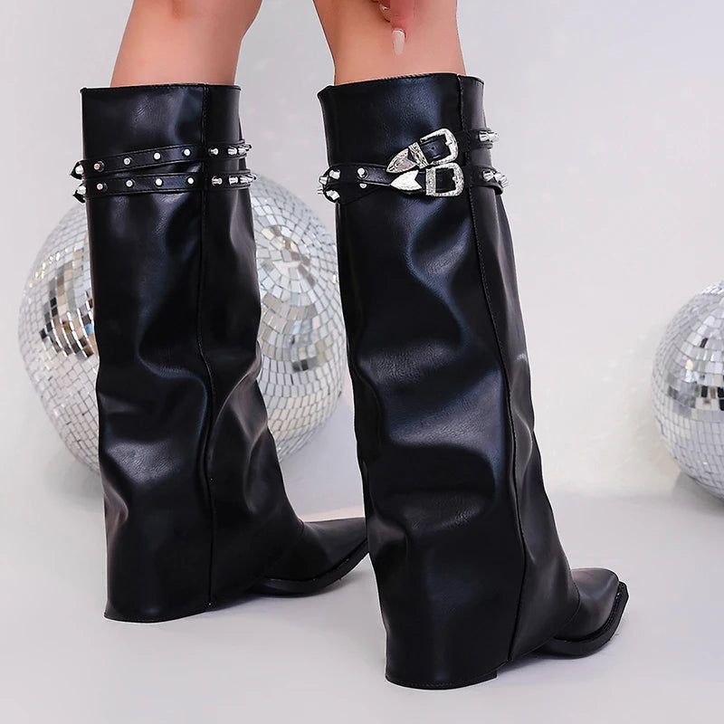 Fashion Belt Buckle Pointed Toe Knee High Boots Women Punk High Heel Black Pu Leather Botas Mujer 2026 Wide Leg Riding Boots