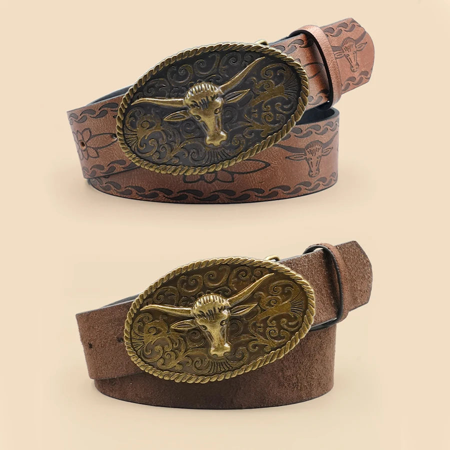 Retro Western Style Casual Belt with Antiqued Alloy Bullhead Buckle, a Versatile Accessory for Daily Commute and Dating