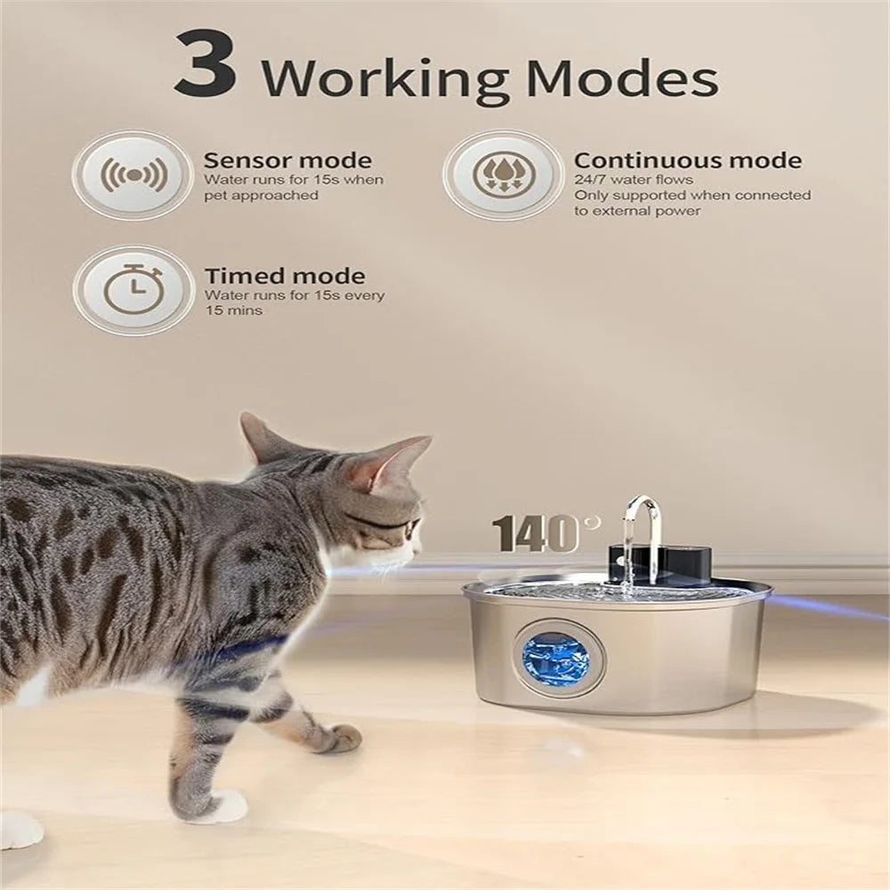 3.2L 5V USB Recharge Cat Water Fountain Automatic Sensor Stainless Steel Tank