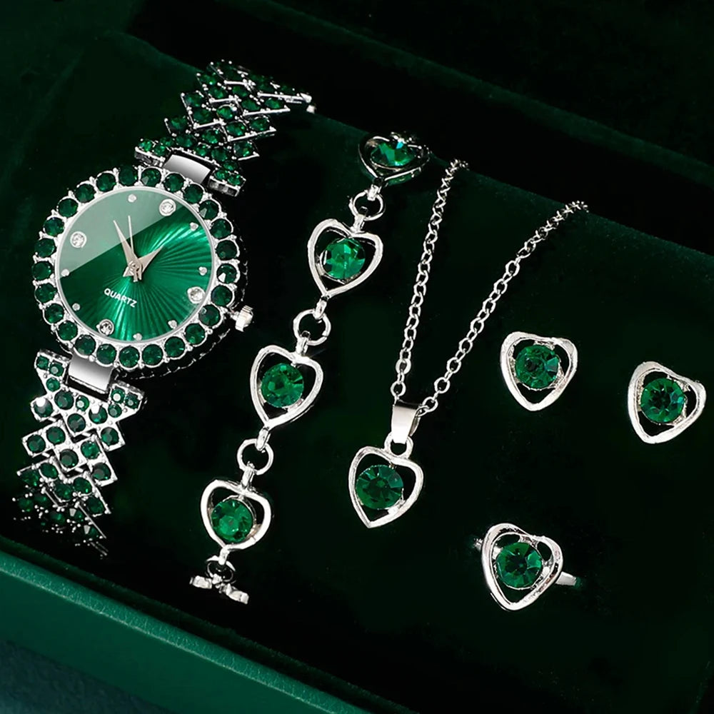 Women Fashion Watch Heart Ring Necklace Earring Jewelry Set Quartz Wristwatch