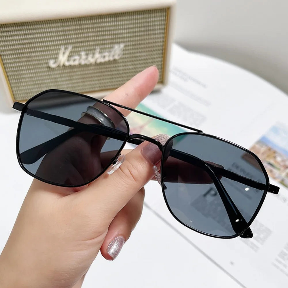 Metal Frame Square Sunglasses Chic UV Protection Double Beam Double Beam Sunglasses Fashionable Square Lens Metal Sunglasses
