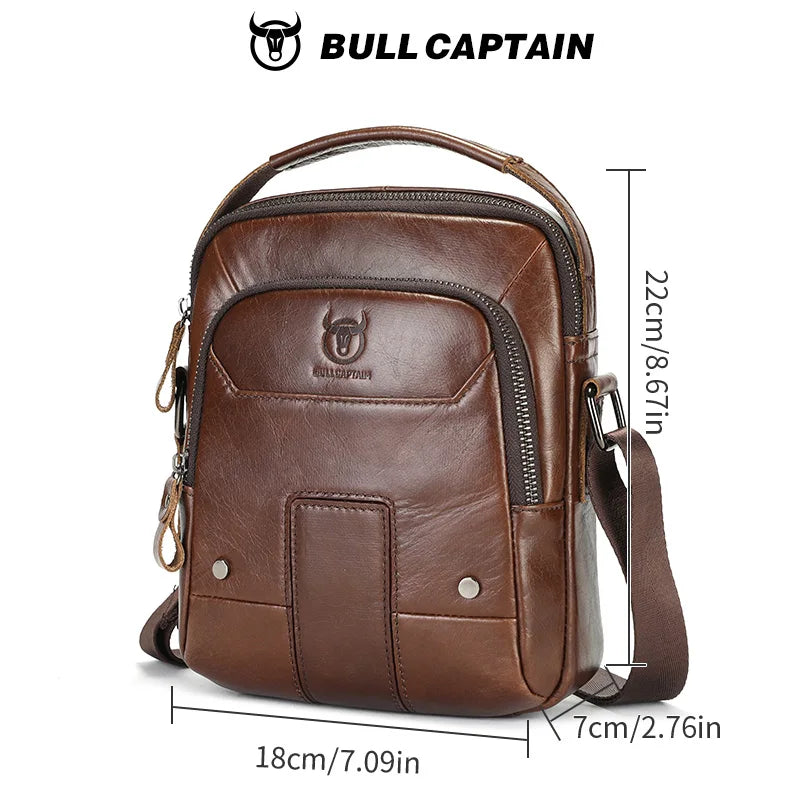 BULLCAPTIAN Men's Genuine Leather Shoulder Bag Multi functional Handheld Postman Bag Double layer 7.9-inch Computer Shoulder Bag