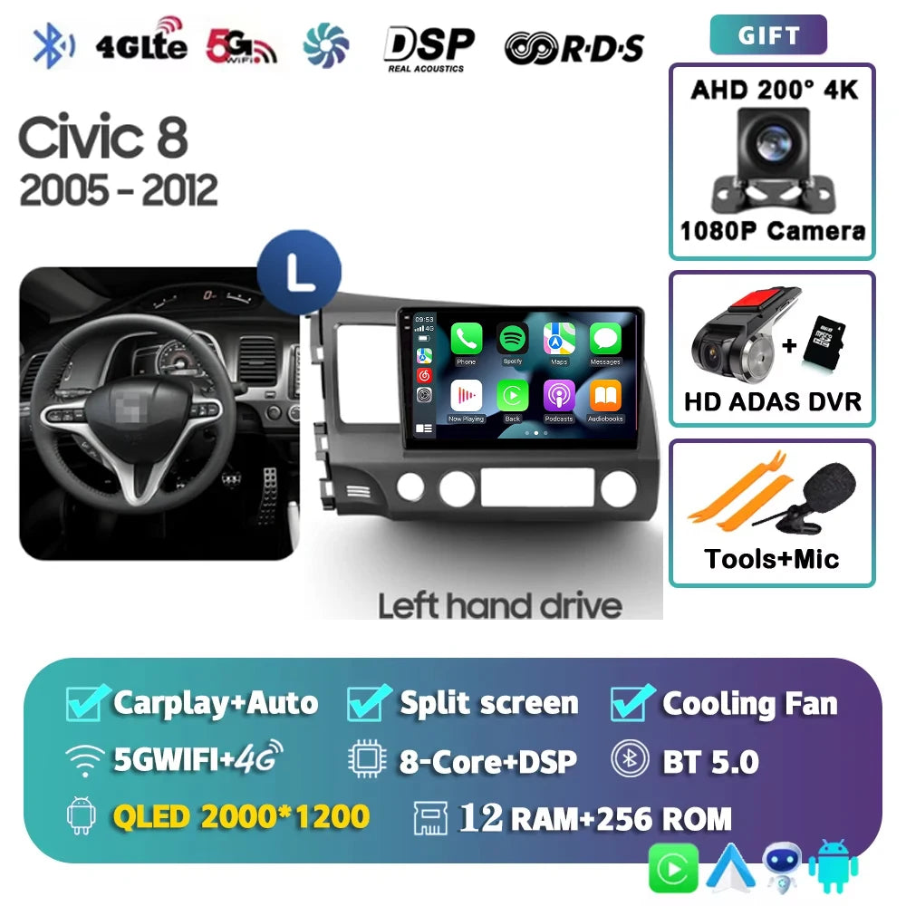 For Honda Civic 8 2005 - 2012 Android 15 Carplay Auto 4G WIFI Car Radio Multimedia Stereo Video Player GPS Navigation Plug and P