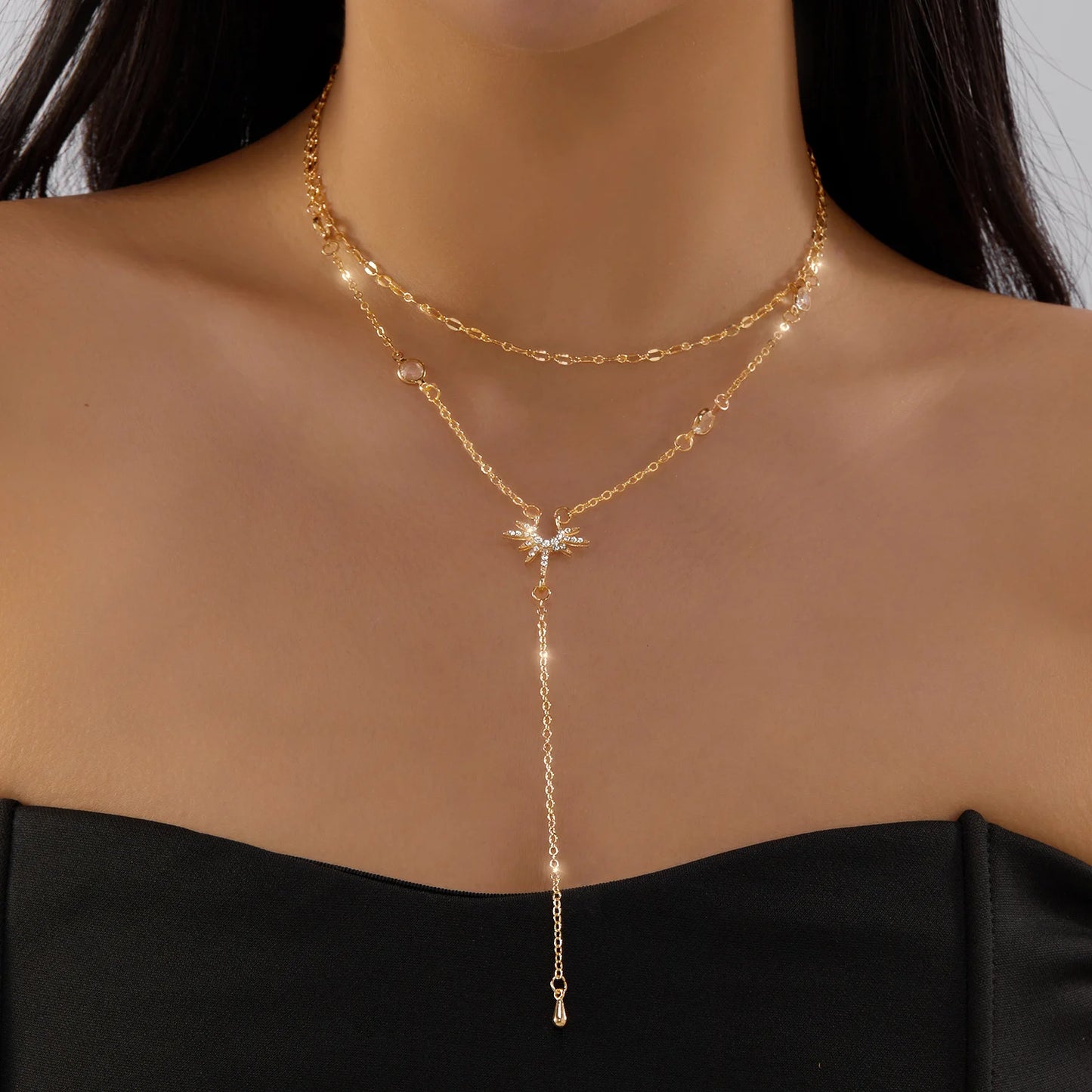 Fashion Gold Color Y-Shaped Pendant Necklaces For Women Luxury Zirconia Sun Geometric Long Tassel Choker Jewelry Birthday Gifts