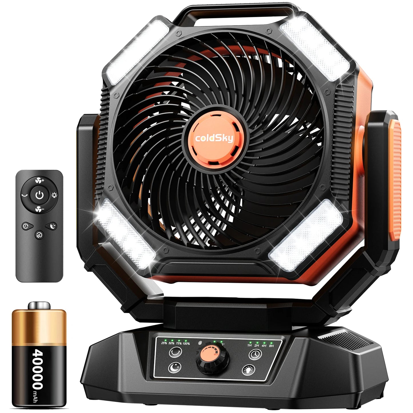 Orange 40000mAh Battery Camping Fan, 4 LED Lantern 8 Speed Desk Fan Portable Fan