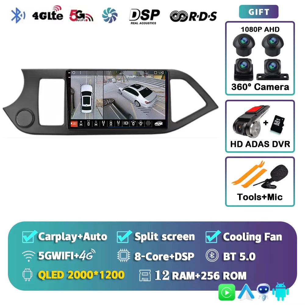 For KIA PICANTO Morning 2011 2012 - 2017 2K 12+256 QLED Android 15 CarPlay Car Radio Multimedia Video Player GPS stereo Head DSP