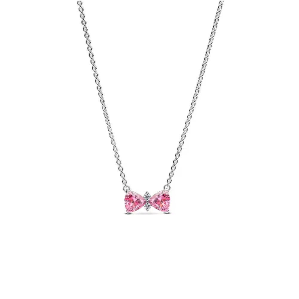 Orig 925 sterling silver plated Shining Pink Bow-shaped women's Necklace Pendant