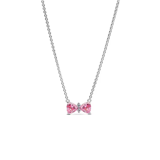 Orig 925 sterling silver plated Shining Pink Bow-shaped women's Necklace Pendant