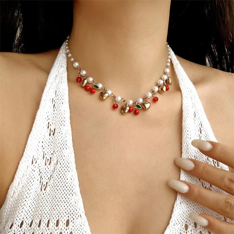 Y2K Sweet Cute Red Strawberry Cherry Pendant Necklace for Women Girls Love Heart Imitation Pearl Chain Choker Fashion Jewelry