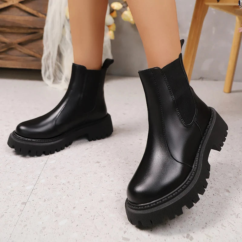 Black Pu Leather Platform Chelsea Boots Women Fashion Elastic Band Thick Sole Ankle Boots Woman Plus Size 42 Short Booties Mujer