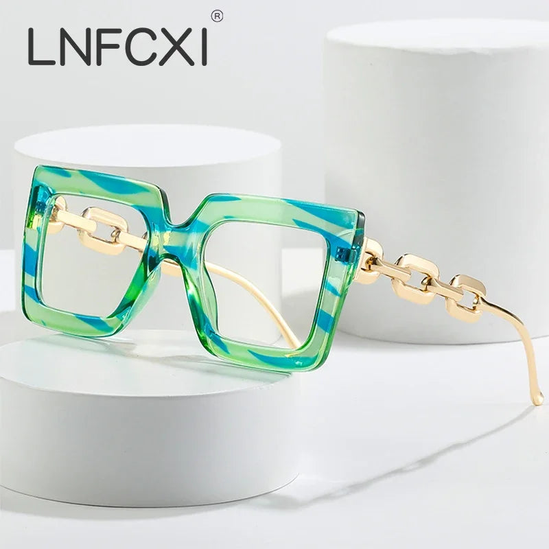 JNPCXI New Striped Chain Square Anti Blue Glasses Frames Retro Men Women Optical Fashion Computer Glasses 2022 New Arrival