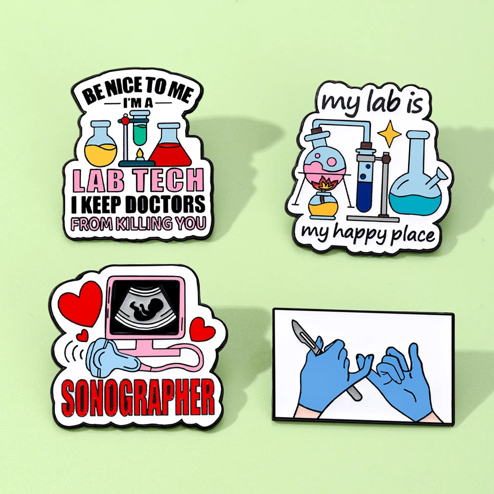 4pcs My Lab Is My Happy Place Sonographer Medical Badge Enamel Pins Pharmacist Jewelry Gift for Doctors Student School Survivor