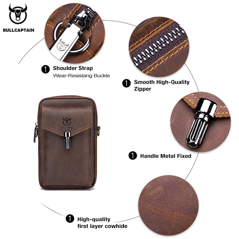 BULLCAPTAIN Crazy Horse Leather Men's Waist Bags Multifunctional 7-inch Mobile Phone Bag Bag Male Shoulder Messenger Bages Brown