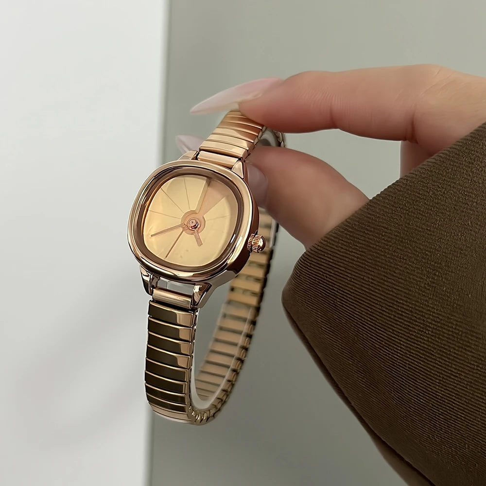 GEDI Small Vintage Watch Woman Square Buckle-Free Stretch Steel Strap Quartz Ladies Watches Luxury Niche Minimalist Watch