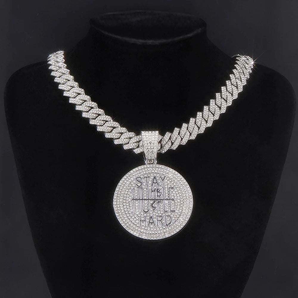 Hip Hop STAY HARD Letter Pendant Cuban Chain Necklace Punk Gold Color Iced Out Bling Necklaces Fashion Charm Men Women Jewelry