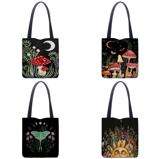 Art Forest Red Mushroom Pattern Tote Bag, Line Bag Bright Moon Women's Handbag