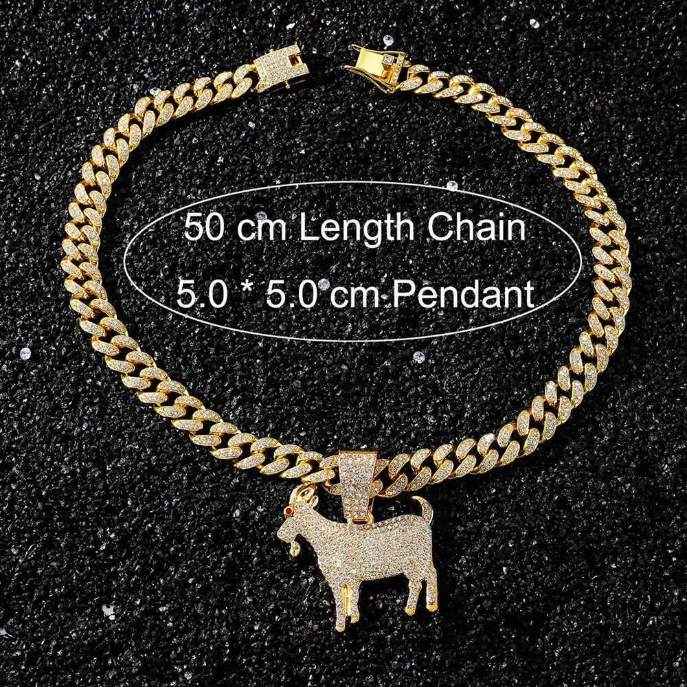 Men Hip Hop Fashion Full Rhinestone Animal Goat Pendant Necklace with 13mm Miami Cuban Chain Necklaces Rapper Rock Jewelry Gift