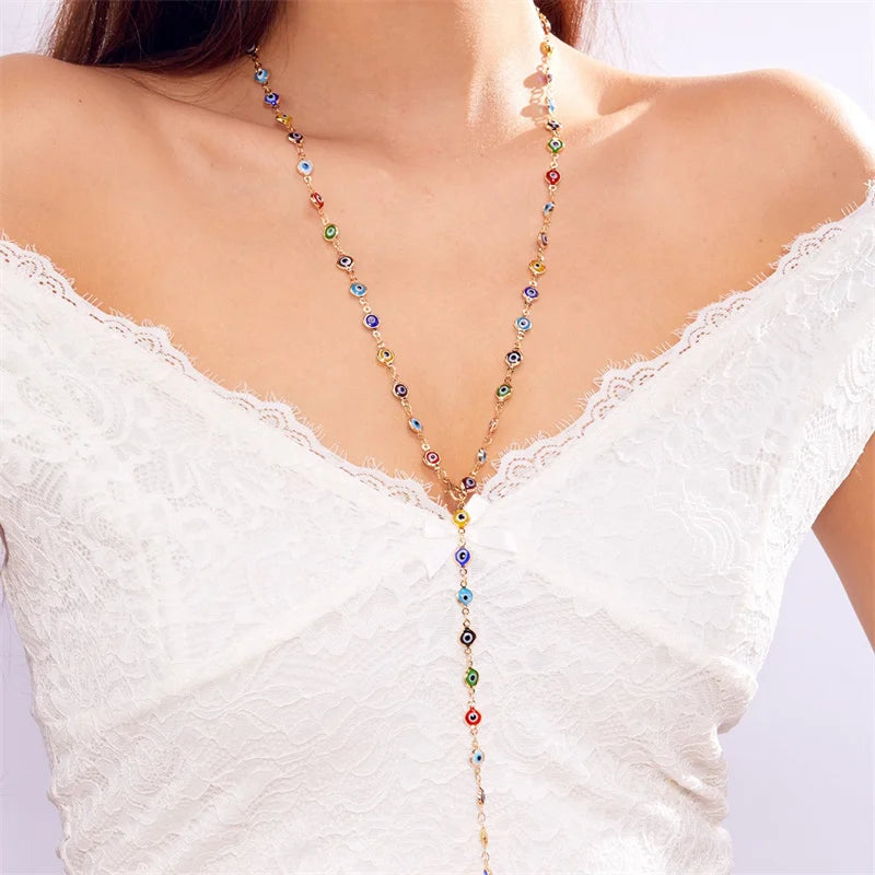 Lucky Turkish Evil Eye Necklace for Women Simple Crystal Necklace Sweater Chain Long Y-shaped Necklace Y2K Party Jewelry Gift