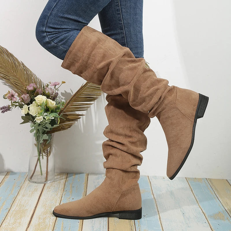 Vintage Faux Suede Knee High Boots Women 2025 New Thick Heeled Pleated Long Boots Woman Autumn Winter Slip On Tall Botas Mujer