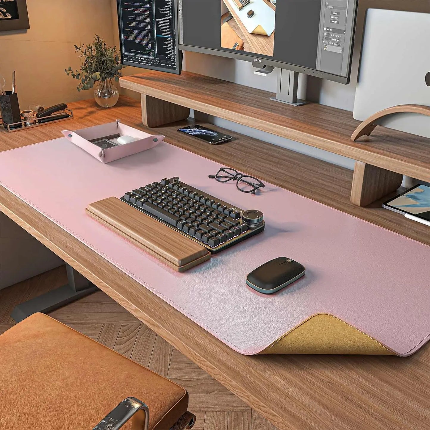 Dual Sided Desk Mat,Leather Desk Pad,Black Cork Desk Mat Protector,Large Mouse Pad,Desk Writing Pad for Office and Home