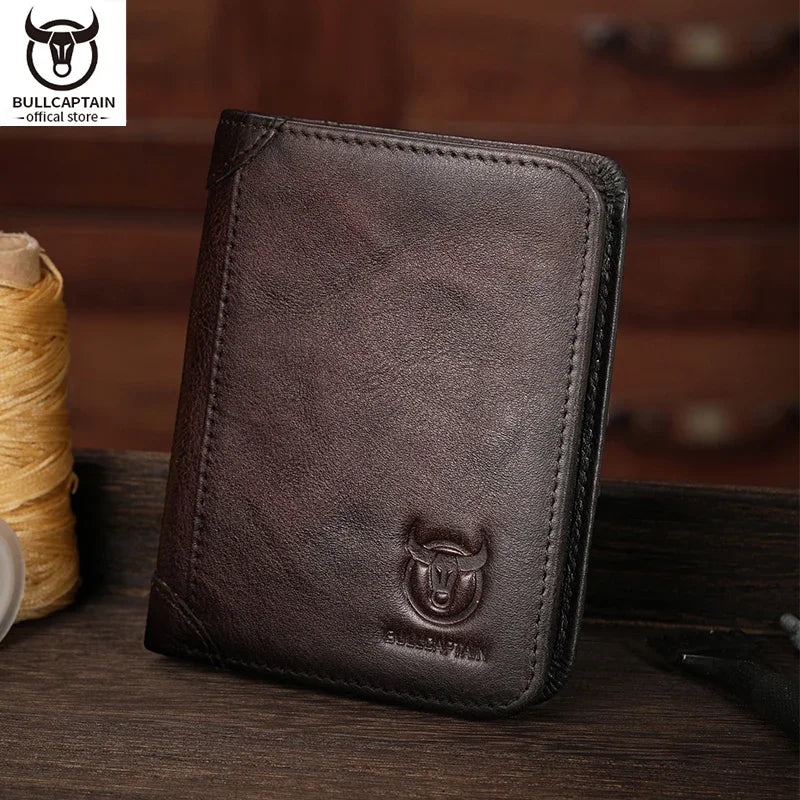BULLCAPTAIN Men's Genuine Leather Wallet Casual Retro Cash Clip RFID Antimagnetic Multi-Card Slot Cowhide Coin Purse