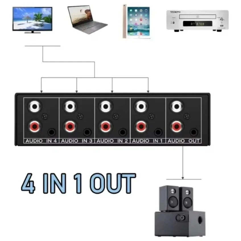 RCA AUX Audio Switcher 4 in 1 Out Stereo Audio selector 4X1 Passive 3.5mm Aux L/R RCA Audio Switch Box Analog Audio Selector