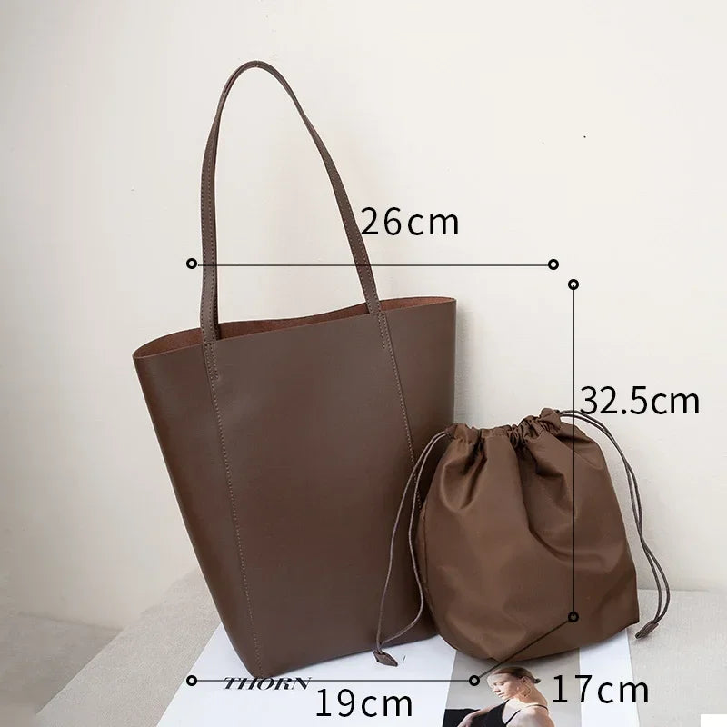 Genuine Cowhide Leather Tote Bag for Women Minimalist Large Capacity Shoulder Bag for Daily Luxury Soft Leather Bucket Bags