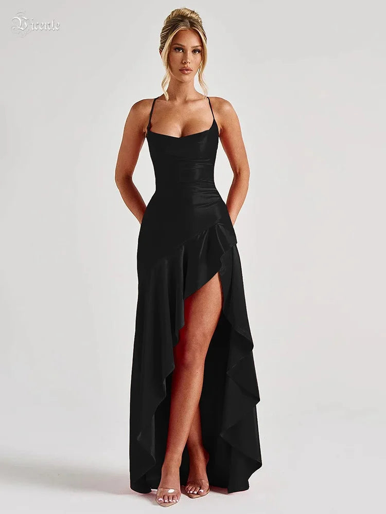 Women Elegant Black Satin Maxi Dress, Crisscross Spaghetti Straps, High Dress