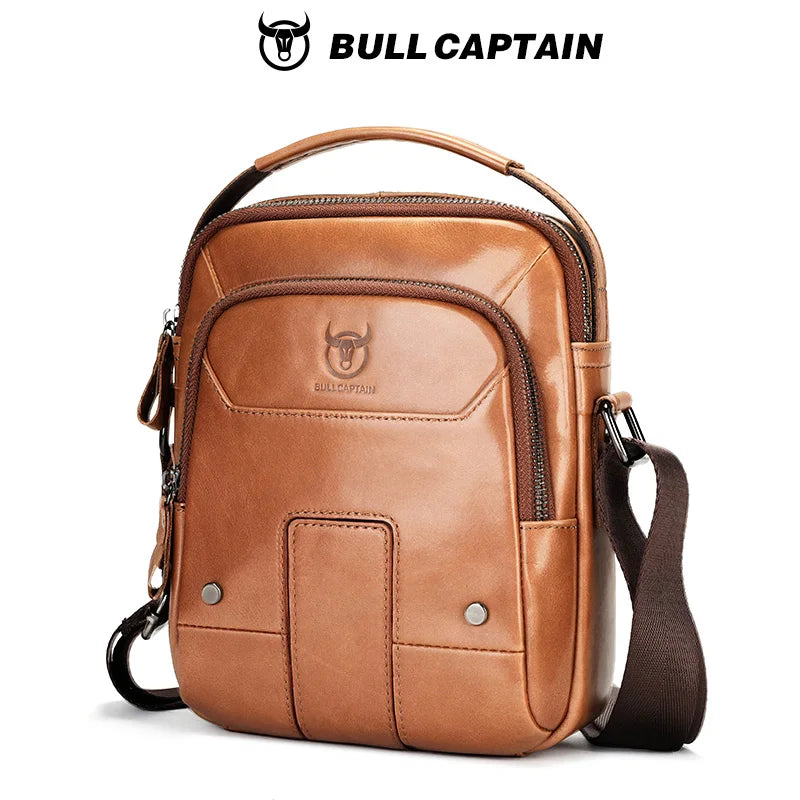 BULLCAPTIAN Men's Genuine Leather Shoulder Bag Multi functional Handheld Postman Bag Double layer 7.9-inch Computer Shoulder Bag