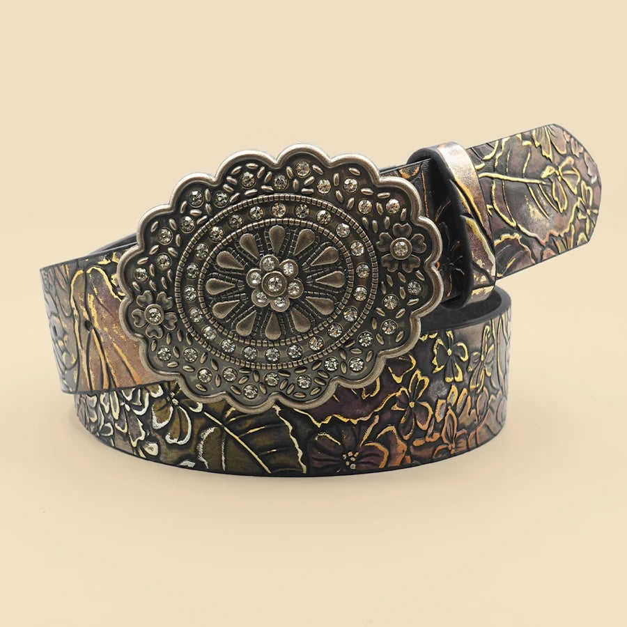 Elegant Vintage Women's Belt - Crystal Rhinestone & Leaf Pattern, Timeless Fashion for Casual Chic