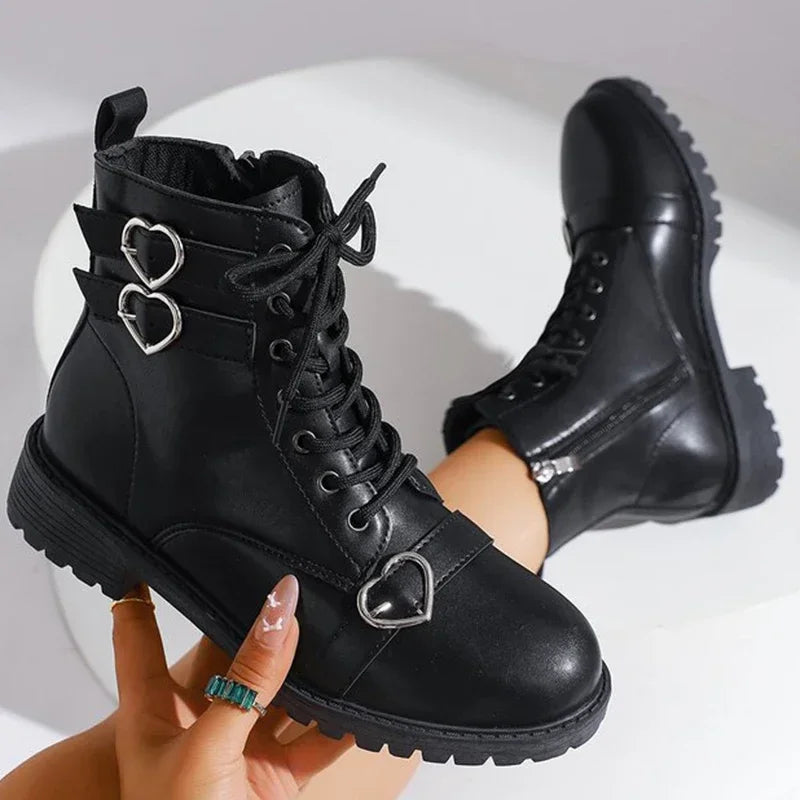 Metal Heart Buckle Ankle Boots for Woman Autumn Winter Lace Up Platform Short Boots Women Black Pu Leather Shoes Botas Mujer